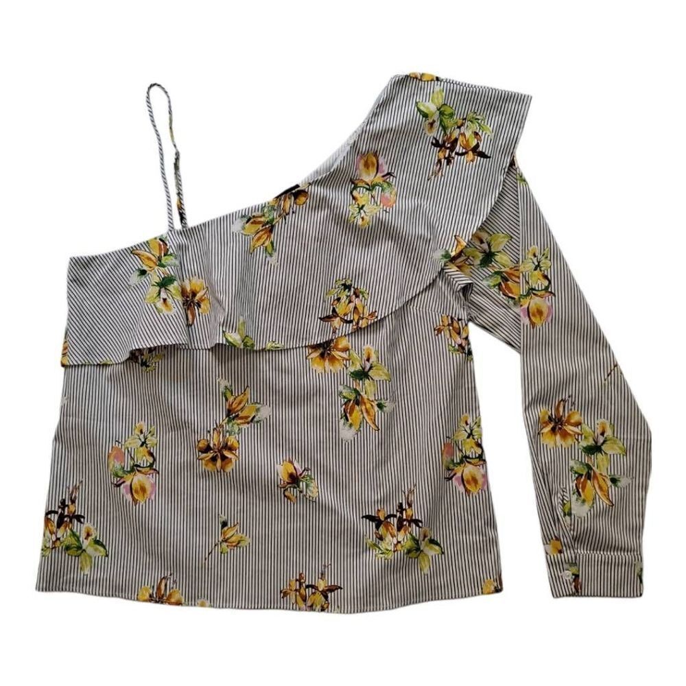 Lumiere Cold Shoulder Floral Long Sleeve Blouse Grey Yellow Green Large